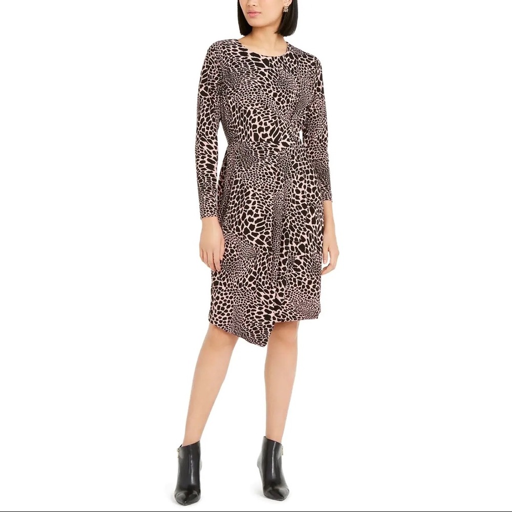 Alfani Pink Leopard Asymmetrical Faux Wrap Dress. L.